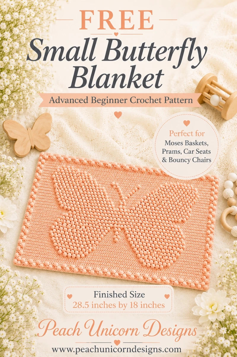 Free small butterfly blanket crochet pattern for Moses baskets, prams and car seats by Peach Unicorn Designs