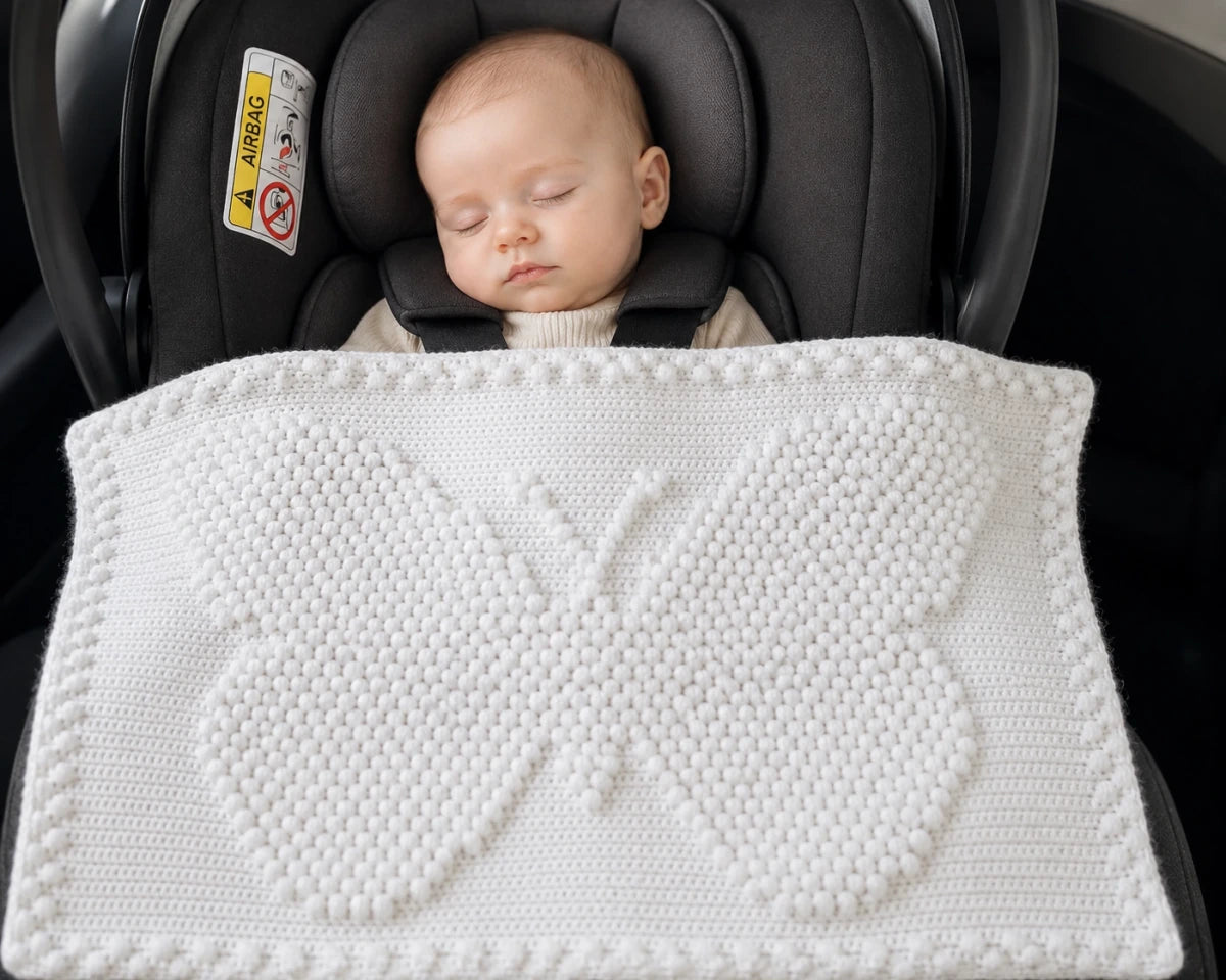 White butterfly baby blanket crochet pattern used as a car seat blanket for a sleeping baby