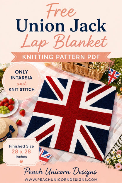 Free Union Jack lap blanket knitting pattern PDF with intarsia colourwork design, finished size 28 x 28 inches
