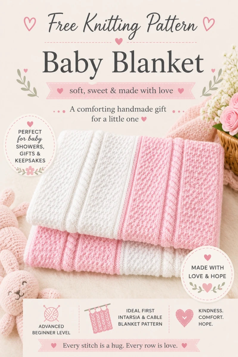 Pinterest image for a free white and pink baby blanket knitting pattern with cable and textured stitches, folded handmade blanket in soft pastel nursery styling, ideal first intarsia and cable blanket pattern for advanced beginners by Peach Unicorn Designs