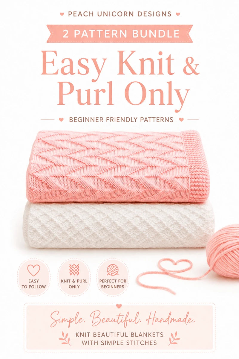Geometric baby blanket knitting pattern bundle featuring two knit and purl only beginner-friendly blanket designs in soft peach and white tones.