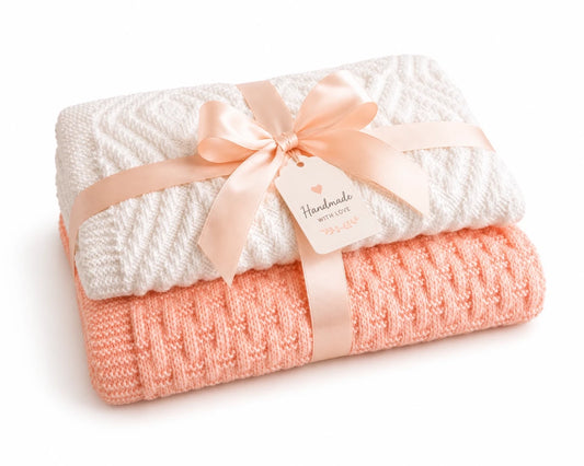 Gift wrapped Cosy Weaving and Hidden Crosses baby blanket knitting pattern bundle with peach satin ribbon on white background