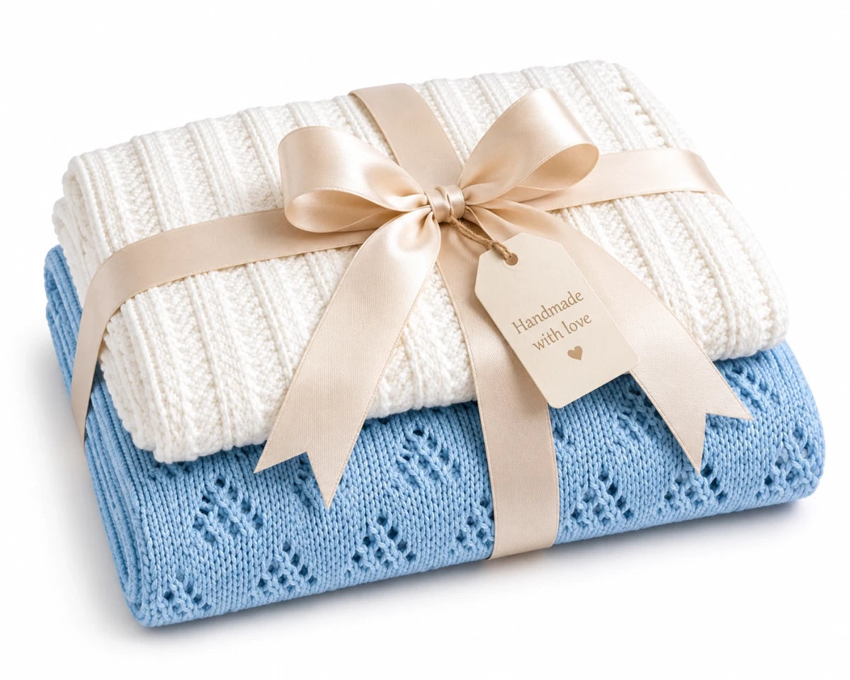 Gift wrapped white and blue lace baby blankets stacked together with satin ribbon and handmade tag on a white background featuring the Lacy Lanes and Lacy Triangles knitting pattern bundle.