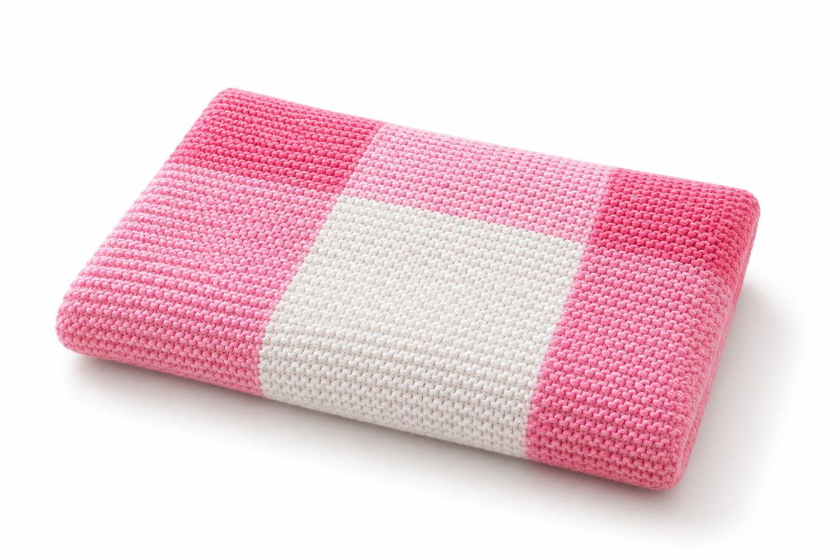 Folded pink and white Gingham baby blanket made using the free intarsia knitting pattern