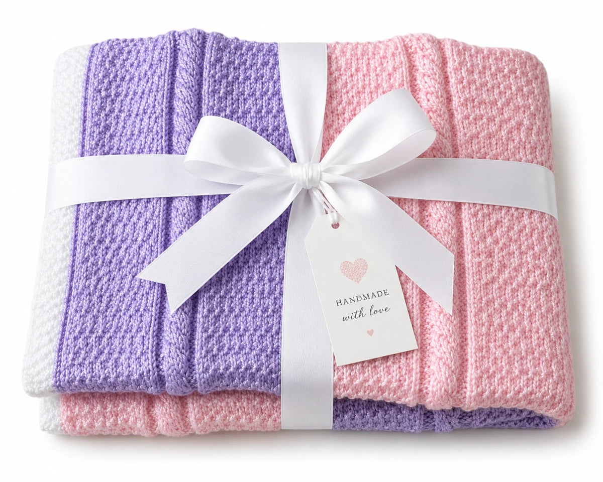Folded purple and pink Granite Cable baby blanket with a white ribbon and tag on a white background