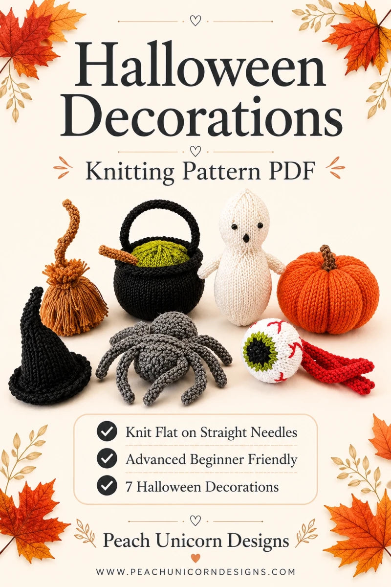 Halloween decorations knitting pattern PDF bundle with 7 knitted Halloween decorations worked flat on straight needles