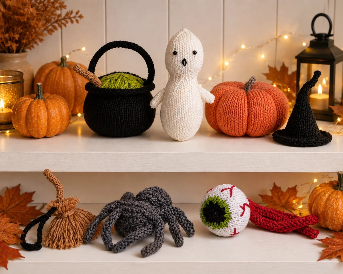 Knitted Halloween decorations displayed on an autumn shelf with ghost, pumpkin, cauldron, witch hat, spider and eyeball decorations