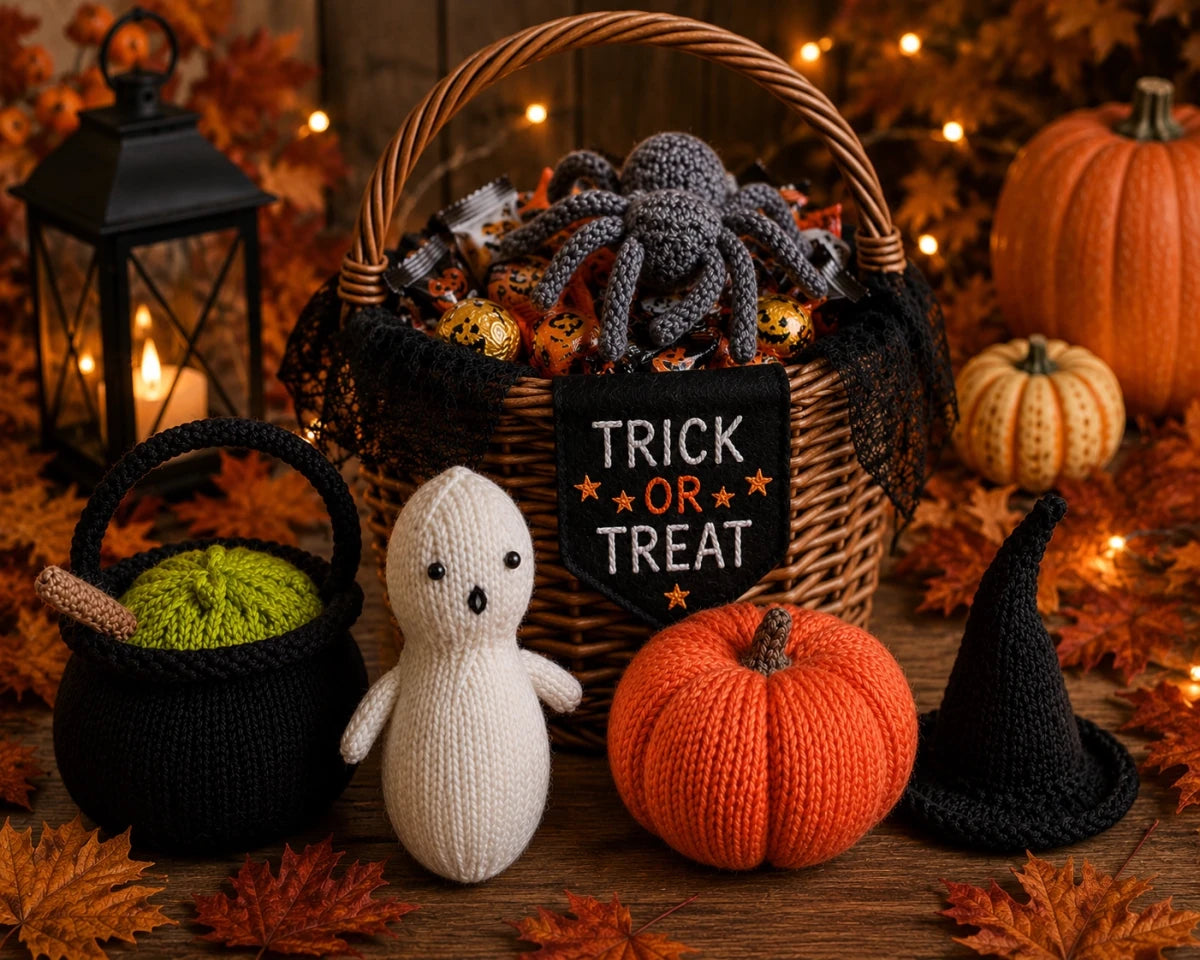 Halloween knitting pattern decorations displayed around a trick or treat basket with knitted ghost, pumpkin, spider, witch hat and cauldron