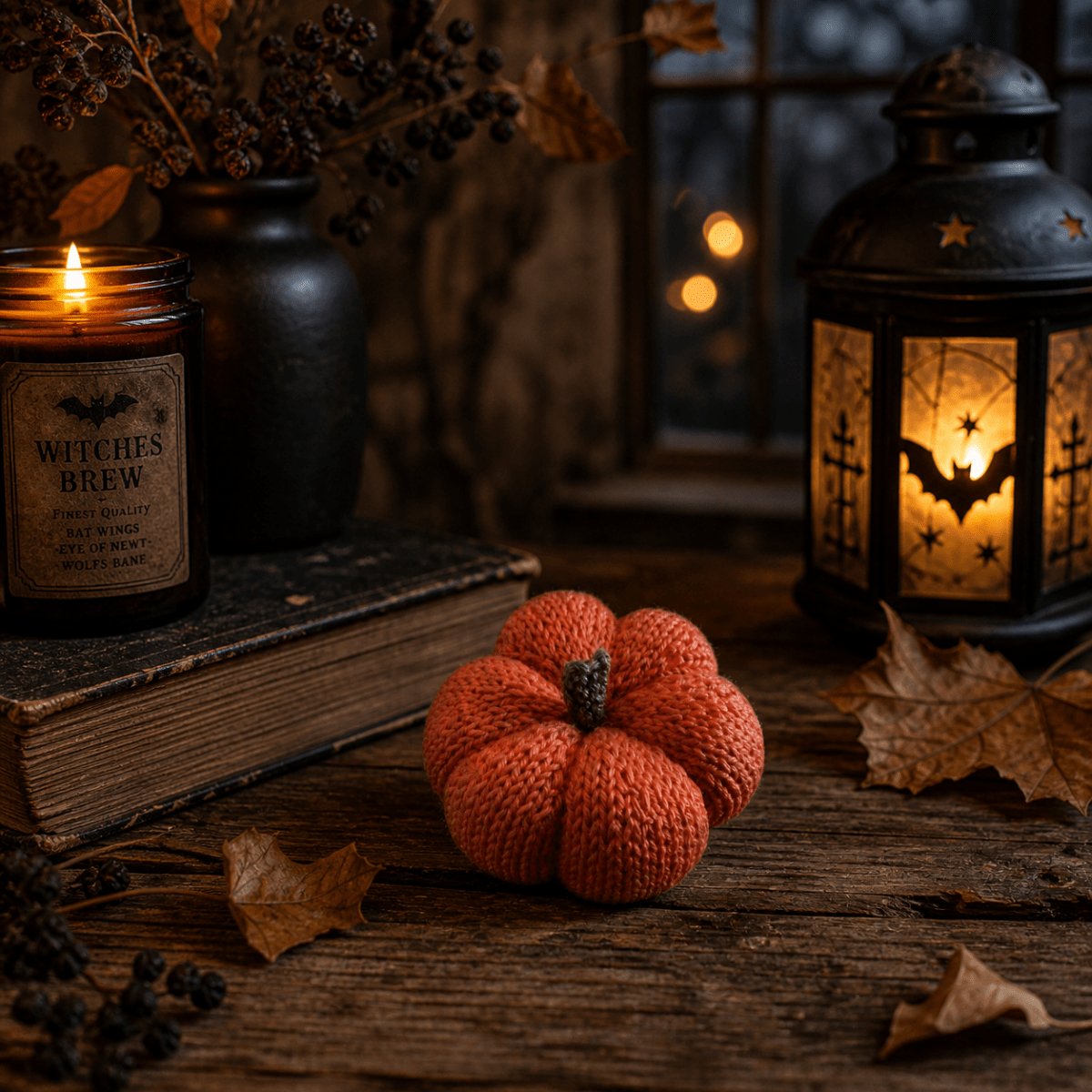 Knitted pumpkin decoration styled in a cosy Halloween scene with lanterns and candles