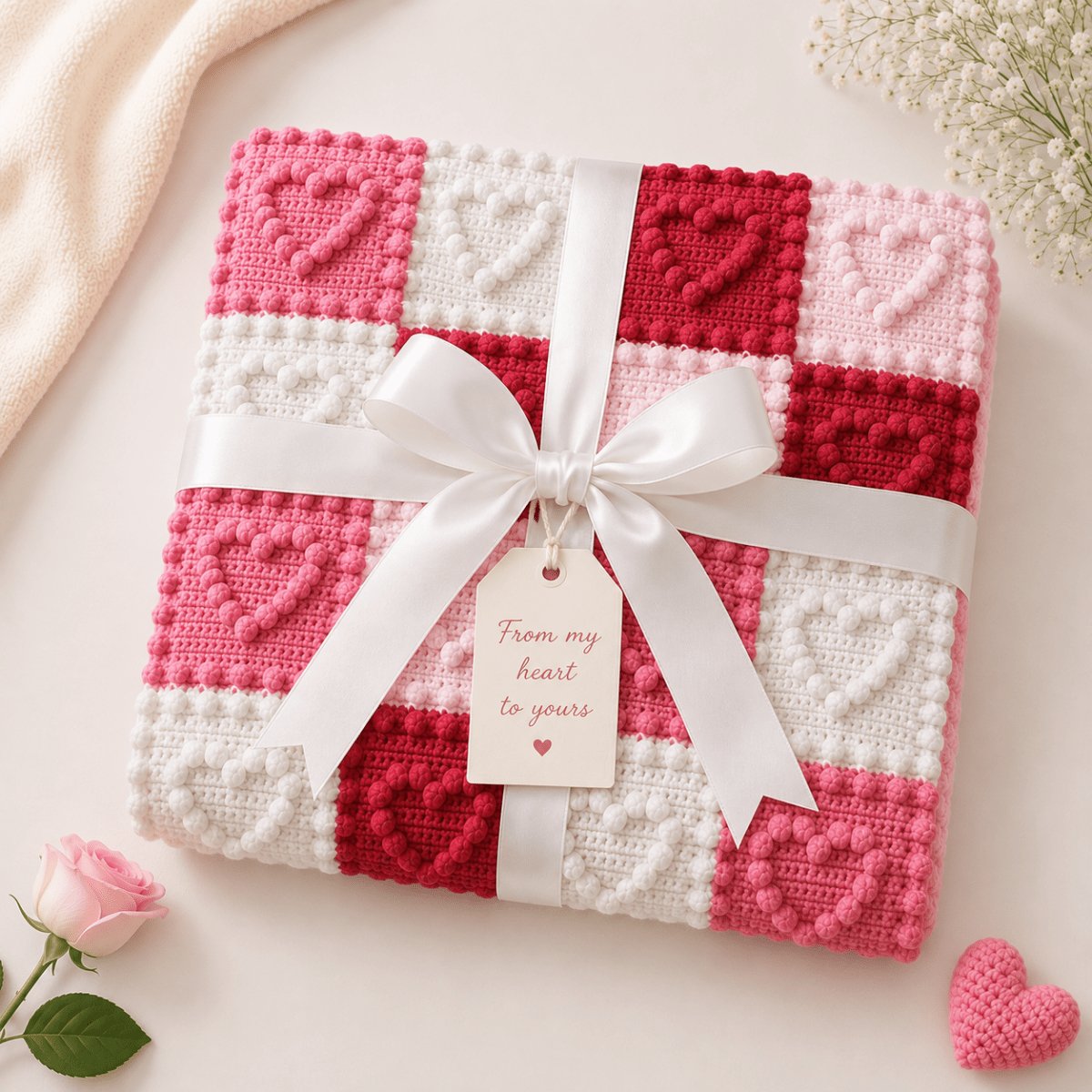 folded hearts baby blanket with ribbon and bow for gift