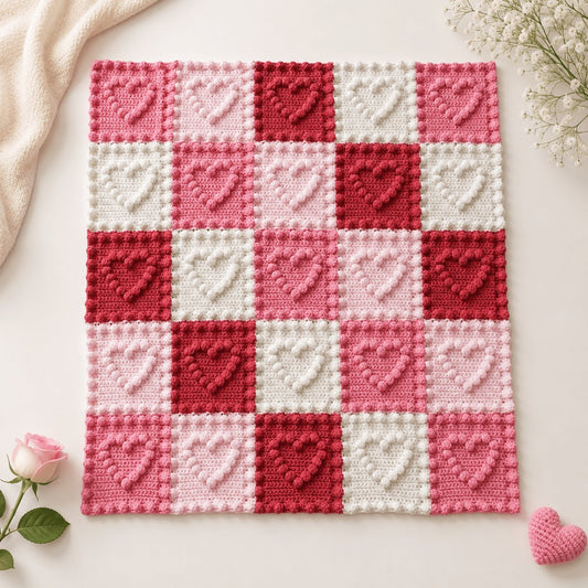 Heart motif baby blanket laid flat, crochet pattern