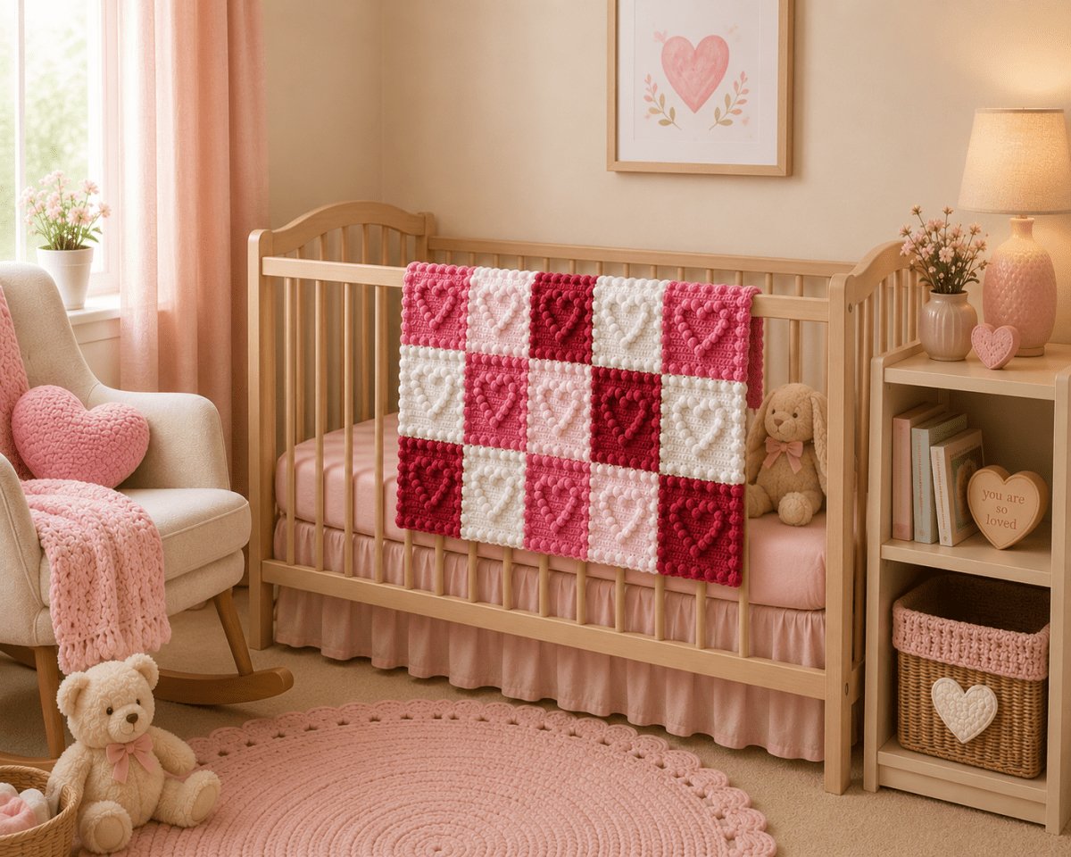 Heart motif baby blanket in nursey, crochet pattern