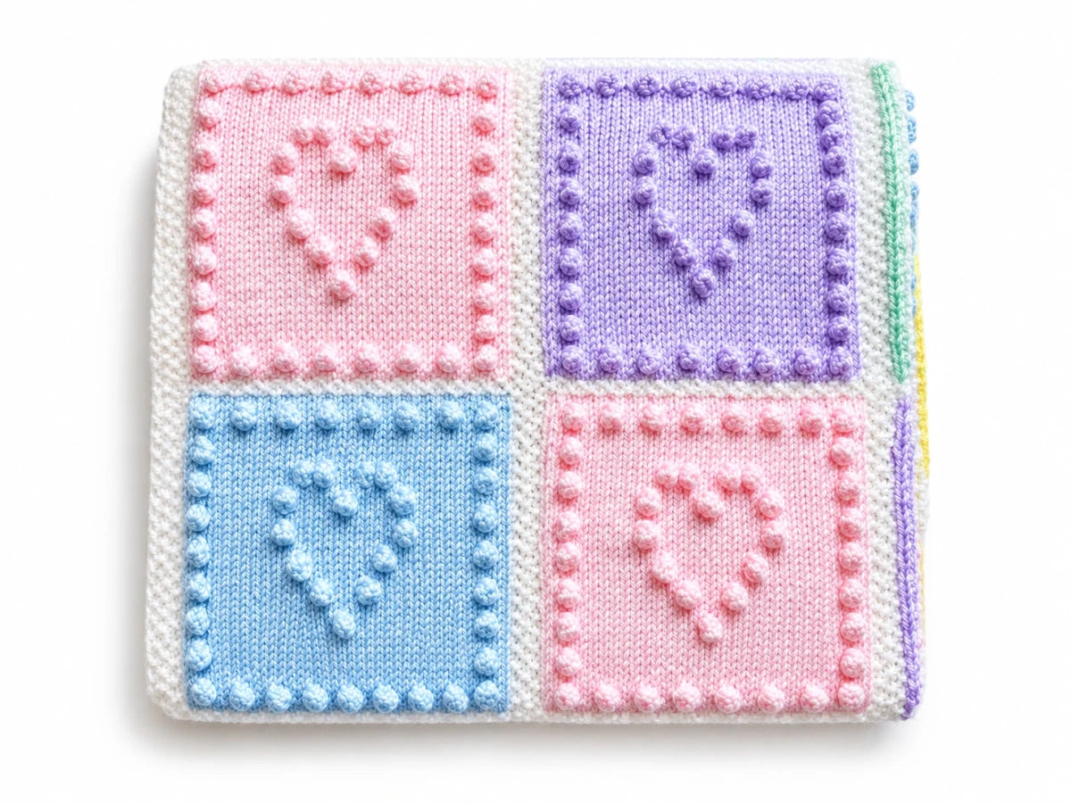 Folded Heart Squares baby blanket knitting pattern with pastel pink, blue and lilac bobble heart squares on a white background with soft shadow