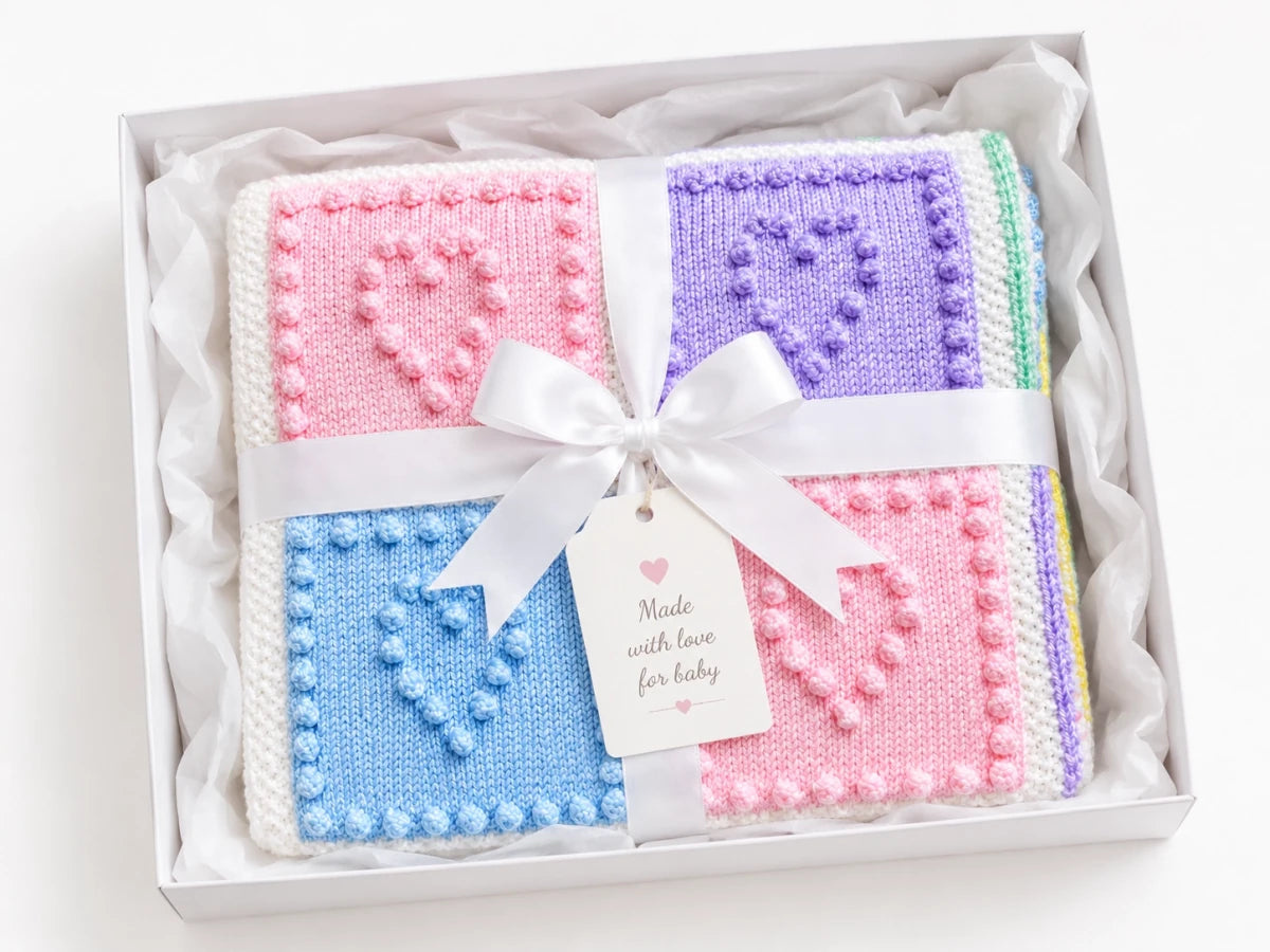 Gift wrapped Heart Squares baby blanket knitting pattern with pastel bobble heart squares, white ribbon and a gift tag reading “From my heart to yours” on a soft white background