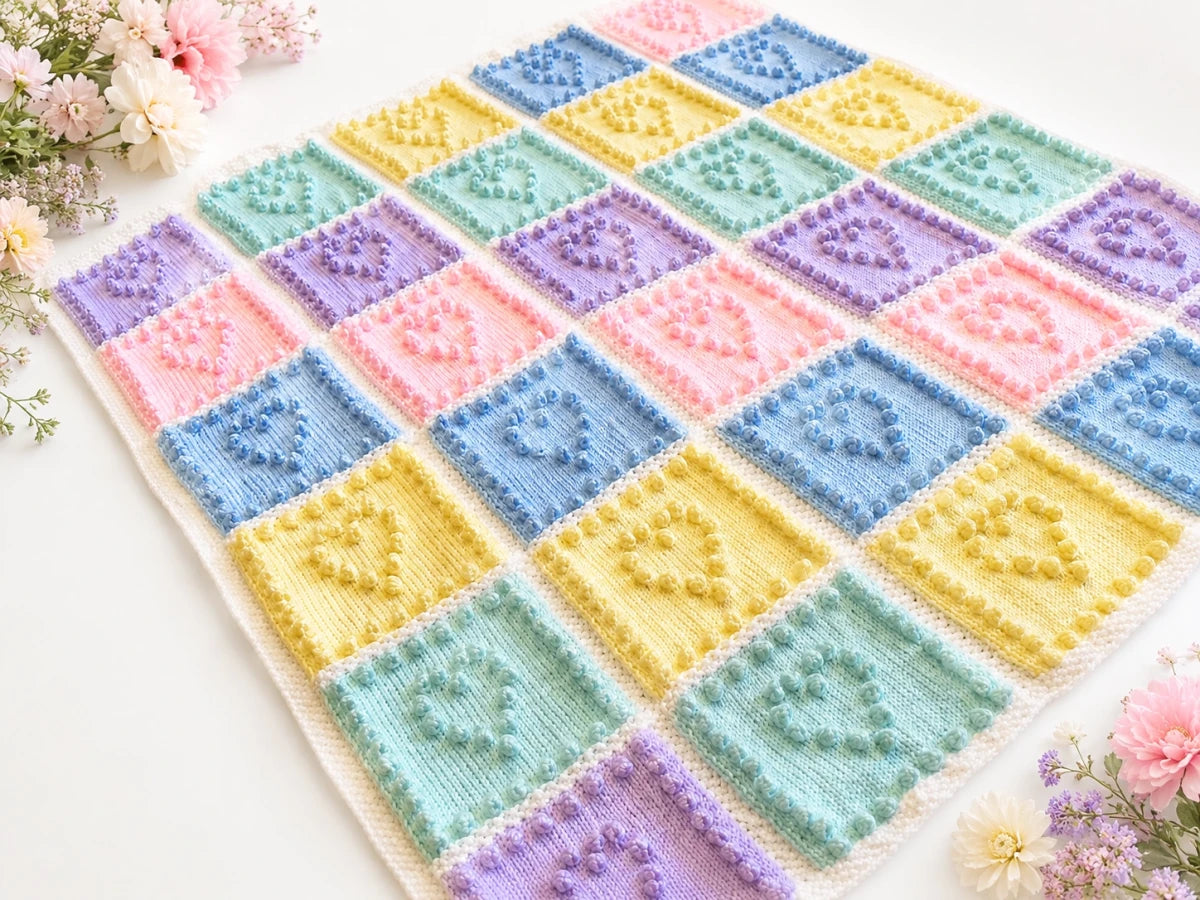 Heart Squares baby blanket knitting pattern laid flat on a white background with pastel bobble heart squares, soft floral styling and gentle shadow detail