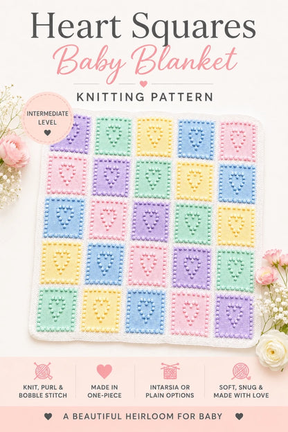 Pastel Heart Squares baby blanket knitting pattern Pinterest image with bobble heart blocks in soft pink, blue, yellow, mint and lilac shades on a white background with flowers and gift-inspired styling