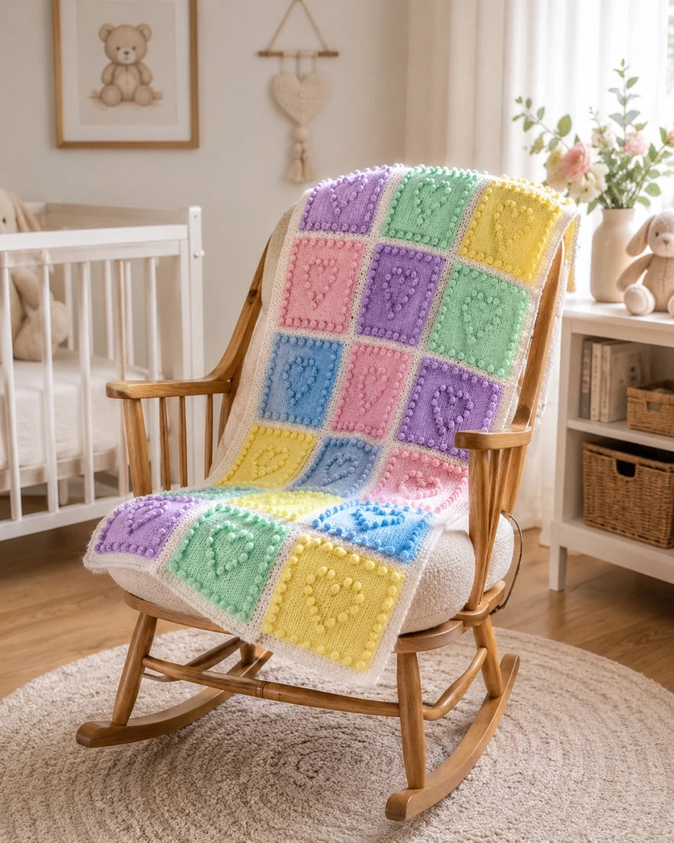 Heart Squares baby blanket knitting pattern draped over a wooden rocking chair in a soft nursery setting with pastel bobble heart squares, neutral decor and warm natural light