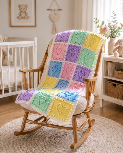 Heart Squares baby blanket knitting pattern draped over a wooden rocking chair in a soft nursery setting with pastel bobble heart squares, neutral decor and warm natural light
