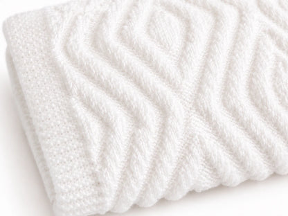Close up of the Hidden Crosses baby blanket knitting pattern showing textured knit and purl stitch detail in soft white yarn