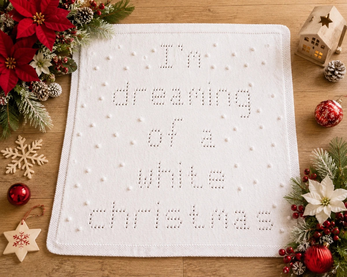 I'm Dreaming of a White Christmas baby blanket knitting pattern surrounded by festive Christmas decorations