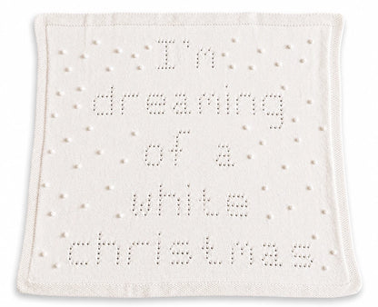 I'm Dreaming of a White Christmas baby blanket knitting pattern with lace lettering and bobble details
