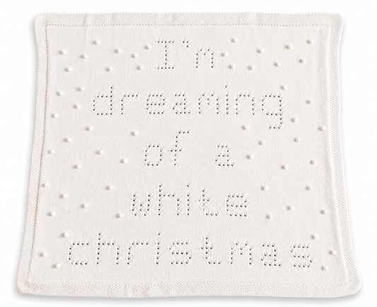 I'm Dreaming of a White Christmas baby blanket knitting pattern with lace lettering and bobble details