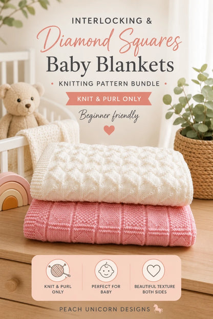 Pinterest image for Interlocking and Diamond Squares baby blankets knitting pattern bundle in a soft nursery scene with pink and white textured knitted blankets by Peach Unicorn Designs