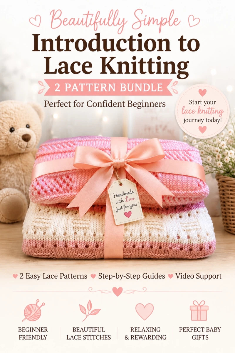 Pinterest image for Introduction to Lace Knitting baby blanket knitting pattern bundle featuring two folded lace baby blankets tied with a peach ribbon in a soft nursery setting for confident beginners.