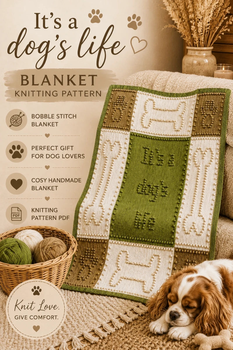 Pinterest promotional image for It’s a Dog’s Life blanket knitting pattern featuring a cosy bobble stitch dog lover blanket with yarn basket and sleeping King Charles Spaniel dog in warm neutral styling.