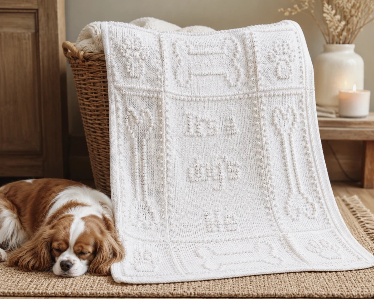 White knitted “It’s a Dog’s Life” dog blanket draped over a cosy basket beside a sleeping King Charles Spaniel in a rustic neutral home setting