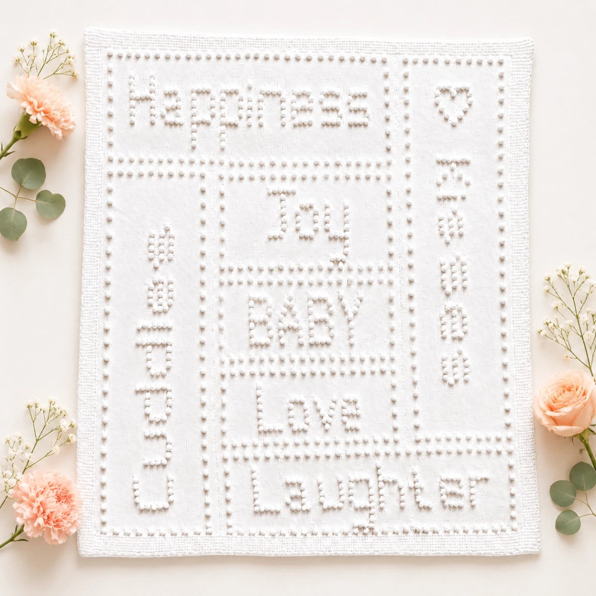 All white Joy baby blanket knitting pattern featuring bobble lettering, textured borders and intarsia-style panel design