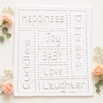 All white Joy baby blanket knitting pattern featuring bobble lettering, textured borders and intarsia-style panel design