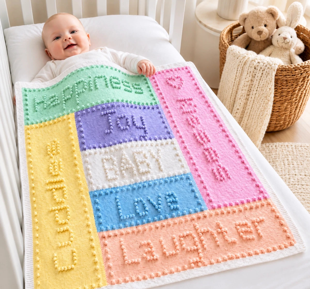 Baby lying in a cot covered with the Joy baby blanket knitting pattern featuring pastel intarsia panels and bobble lettering
