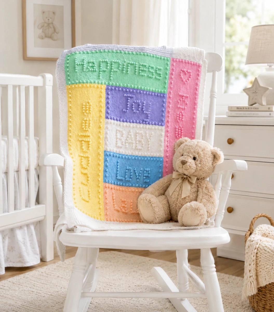 Joy baby blanket knitting pattern draped over a white nursery rocking chair with a teddy bear in a softly lit nursery