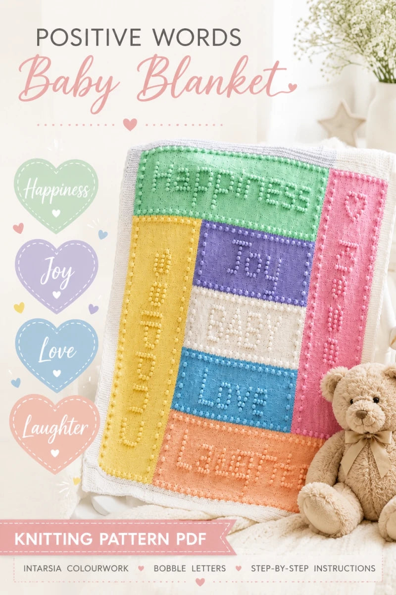 Pinterest graphic for the Joy baby blanket knitting pattern featuring positive words including Happiness, Joy, Love and Laughter with pastel intarsia panels and bobble lettering
