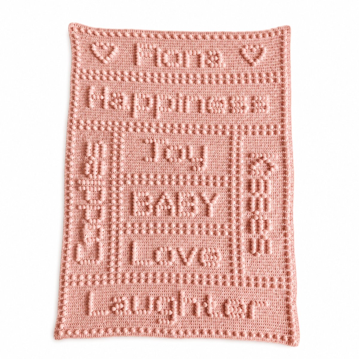 Personalised baby crochet blanket with joy baby laughter and love wording
