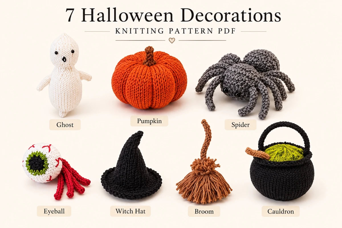 Seven knitted Halloween decorations including ghost, pumpkin, spider, eyeball, witch hat, broom and cauldron knitting patterns