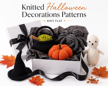 Knitted Halloween decorations gift box display featuring ghost, pumpkin, spider, cauldron and witch hat knitting patterns