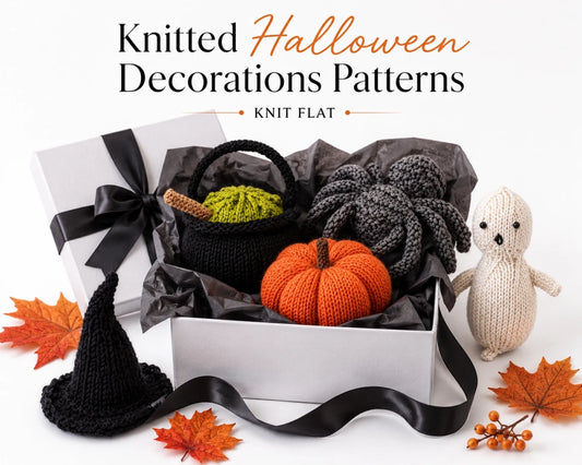 Knitted Halloween decorations gift box display featuring ghost, pumpkin, spider, cauldron and witch hat knitting patterns