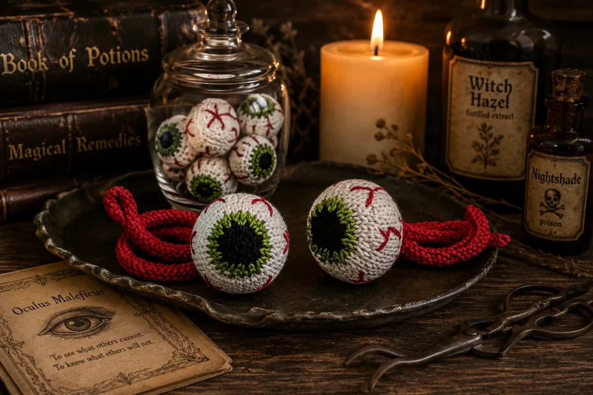 Knitted eyeball Halloween decoration displayed on an apothecary tray with vintage potion bottles and candlelight