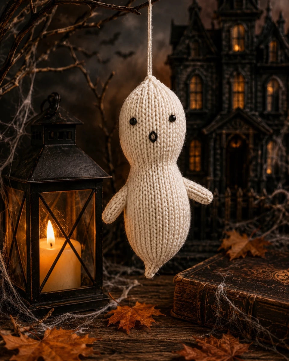 Knitted ghost Halloween decoration hanging beside a lantern in a haunted house inspired autumn scene