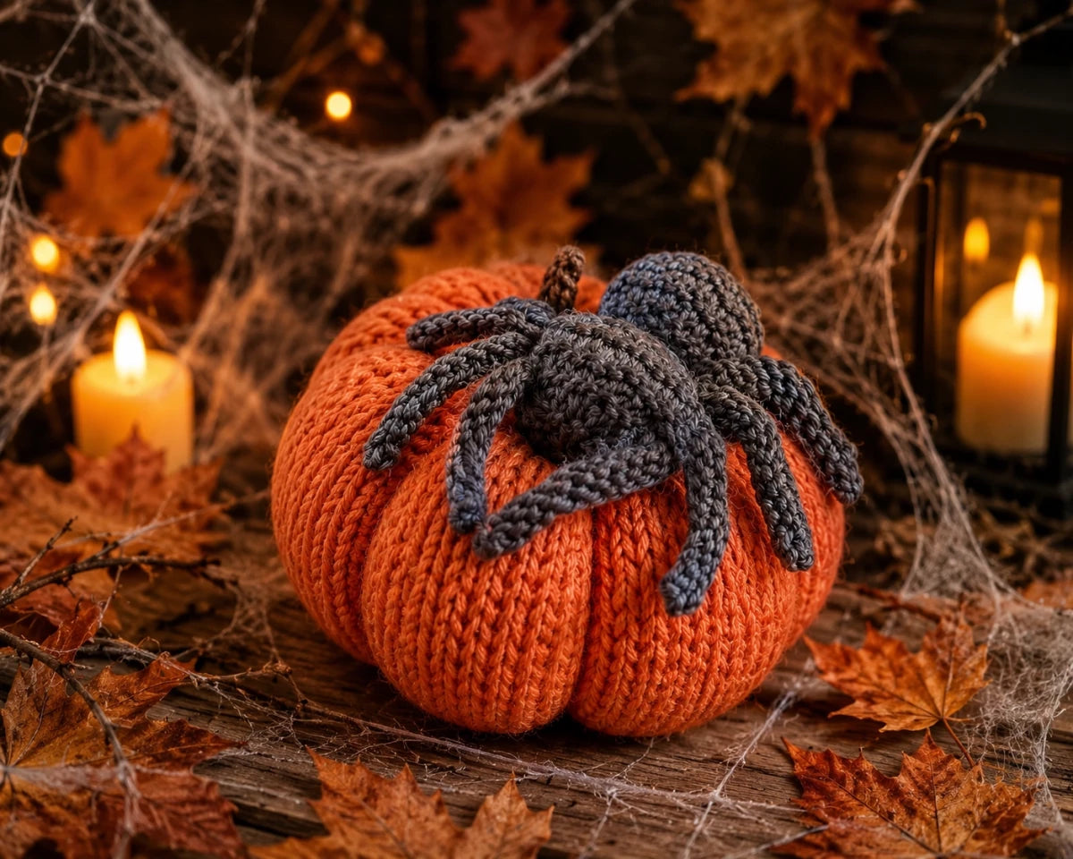 Knitted spider Halloween decoration resting on a knitted pumpkin in an autumn candlelit display