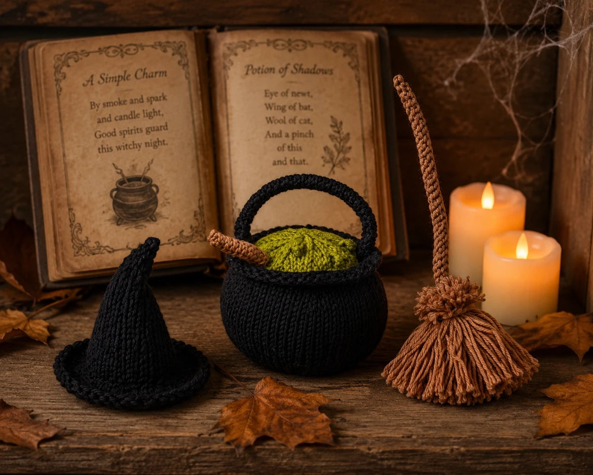 Knitted witch hat, cauldron and broom Halloween decorations displayed in a cosy witch's workshop scene with spell book and candles