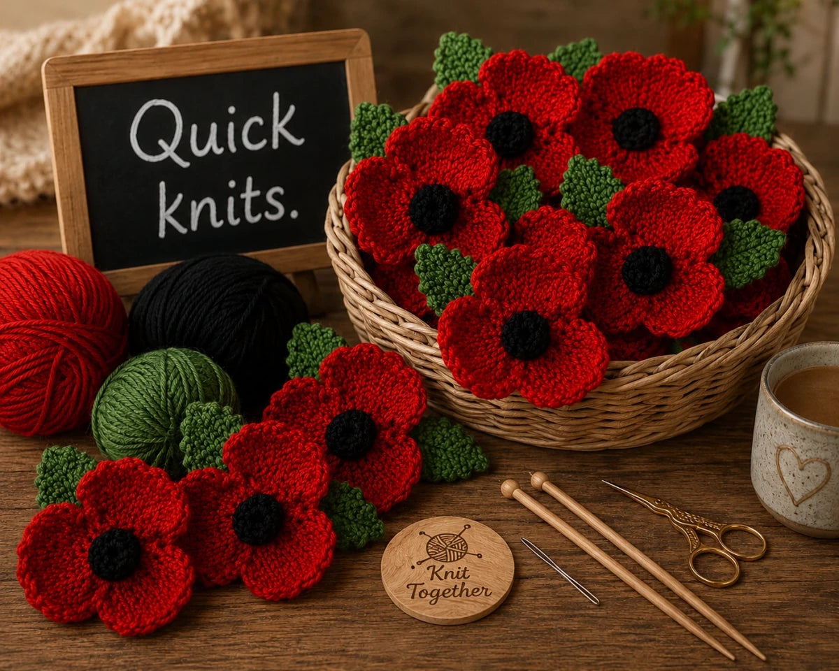 Basket of hand knitted remembrance poppies with red, black and green yarn, knitting needles and quick knits sign for Remembrance Day knitting pattern