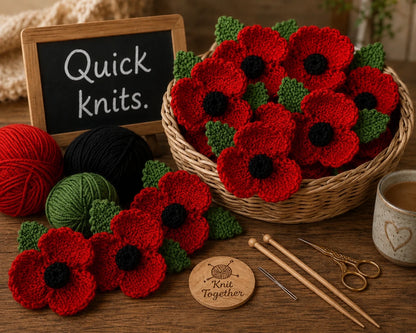 Basket of hand knitted remembrance poppies with red, black and green yarn, knitting needles and quick knits sign for Remembrance Day knitting pattern