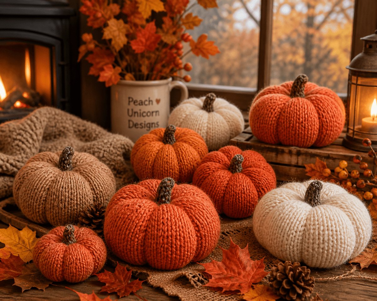 Collection of knitted pumpkins styled as cosy autumn home decor