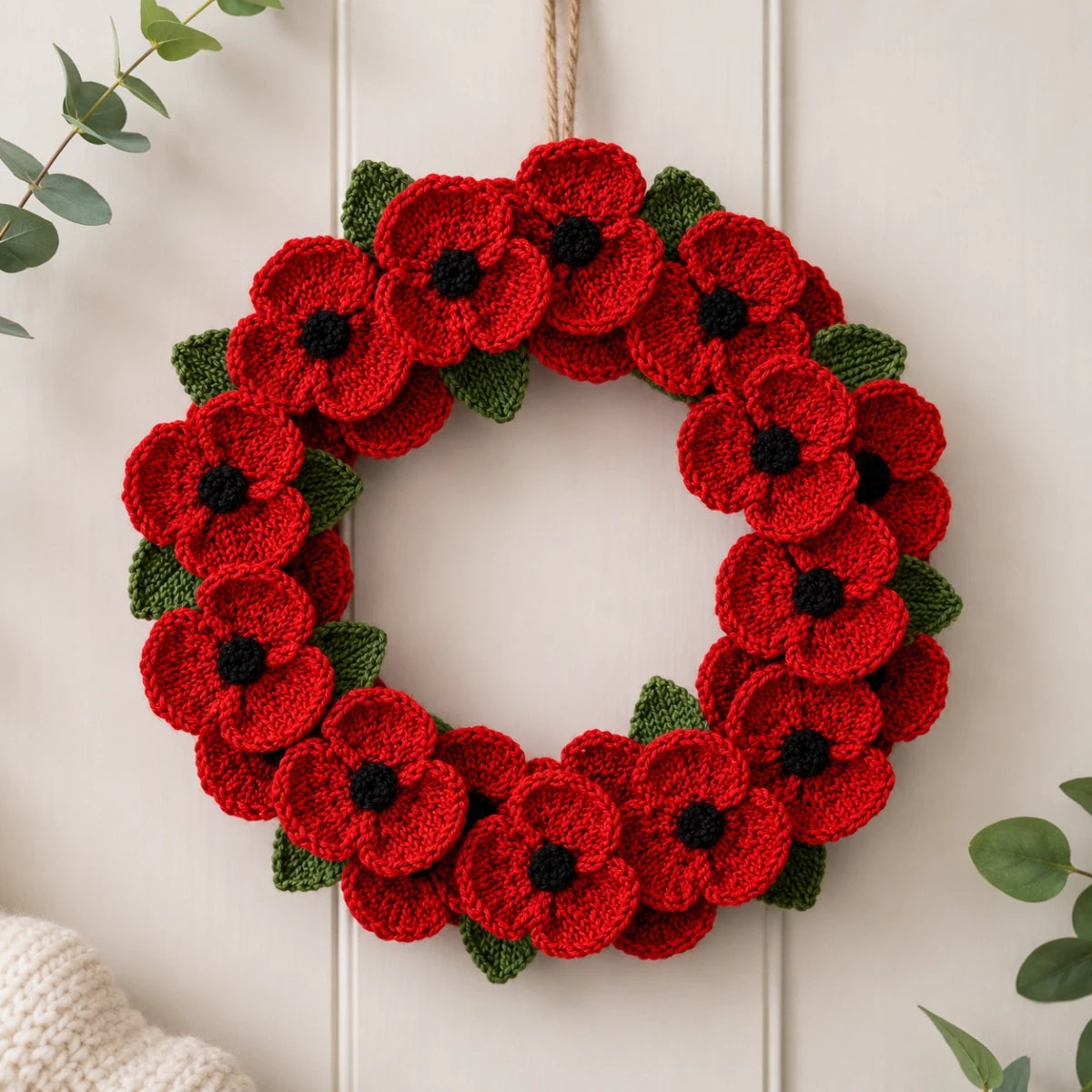 Hand knitted remembrance poppy wreath made from multiple knitted poppies for memorial displays