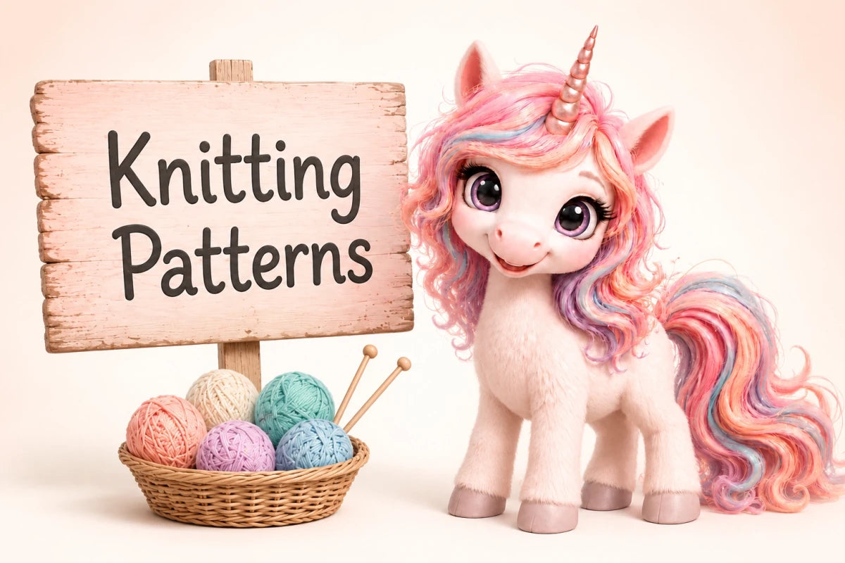Peach the unicorn beside a Knitting Patterns sign with pastel yarn and knitting needles