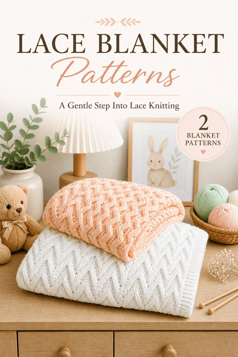 Two lace baby blanket knitting patterns bundle featuring the Arrows and Lacy Zigzags blankets in soft peach and white nursery styling