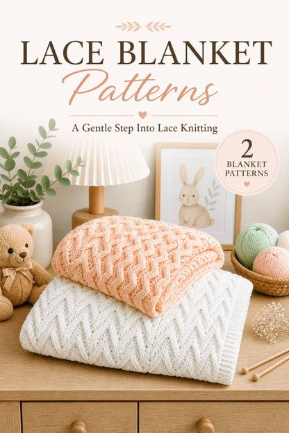 Two lace baby blanket knitting patterns bundle featuring the Arrows and Lacy Zigzags blankets in soft peach and white nursery styling